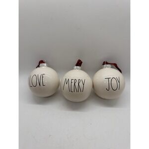 Rae Dunn Love Merry Joy Ceramic Christmas Ornaments Set of 3 Artisan Magenta